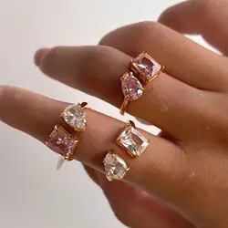18k Titanium Steel Geometric Pink Zircon Open Ring For Women Vintage Square Zircon Adjustable Rings Fashion Jewelry Gift