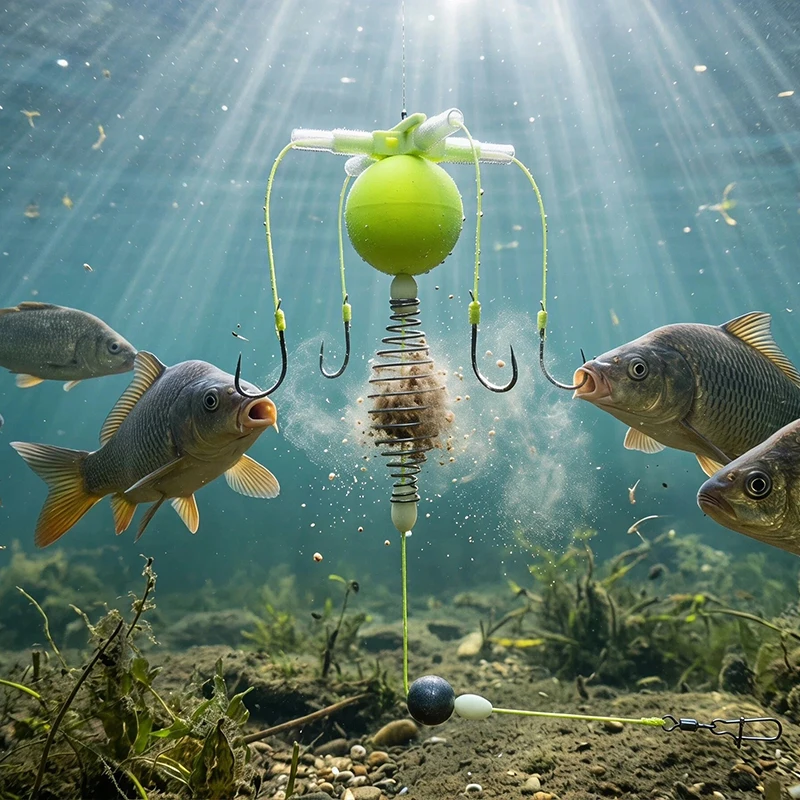 マルチフック鯉釣り餌箱リグスプリングベイトケージフローティングボール加重リードシンカー組み立て済み釣り糸セット(湖・川用)
