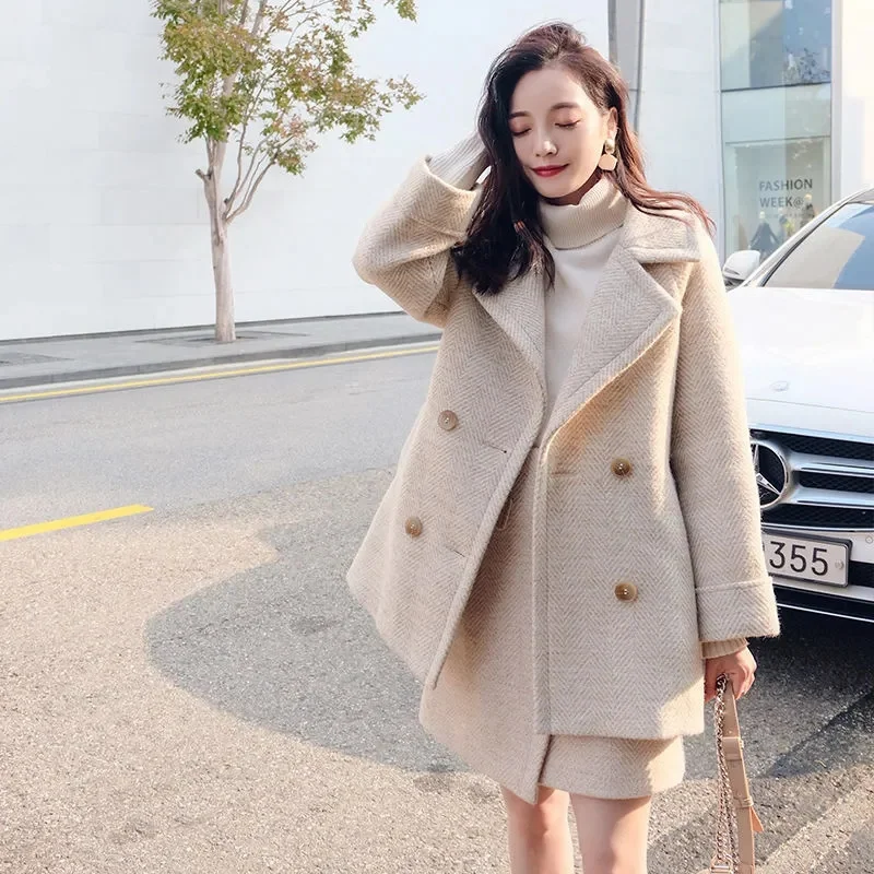 

Cotton Thickened Woolen Tweed Set For Women 2025 Autumn/Winter Temperament Small Medium Long Woolen Skirt Two-Piece solid Color