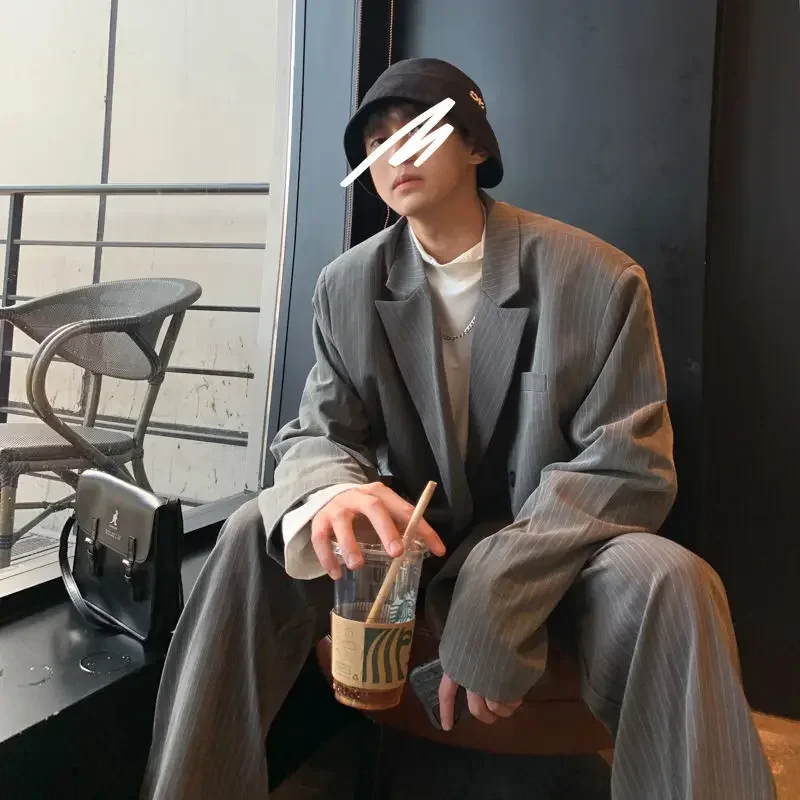 

Spring Autumn Striped Blazers Suit Men's Loose Causal High Street Handsome Jackets Trousers Two-piece Set Male Clothes