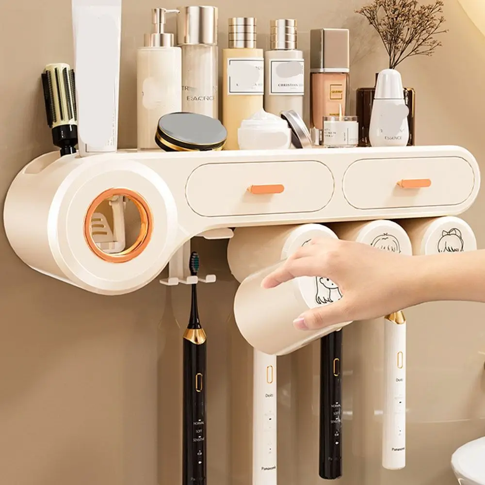 

Wall Mount Toothbrush Storage Rack Non Perforated Space Saving Toothpaste Shelf 4 Person Rust-proof Bathroom Storage Shelf