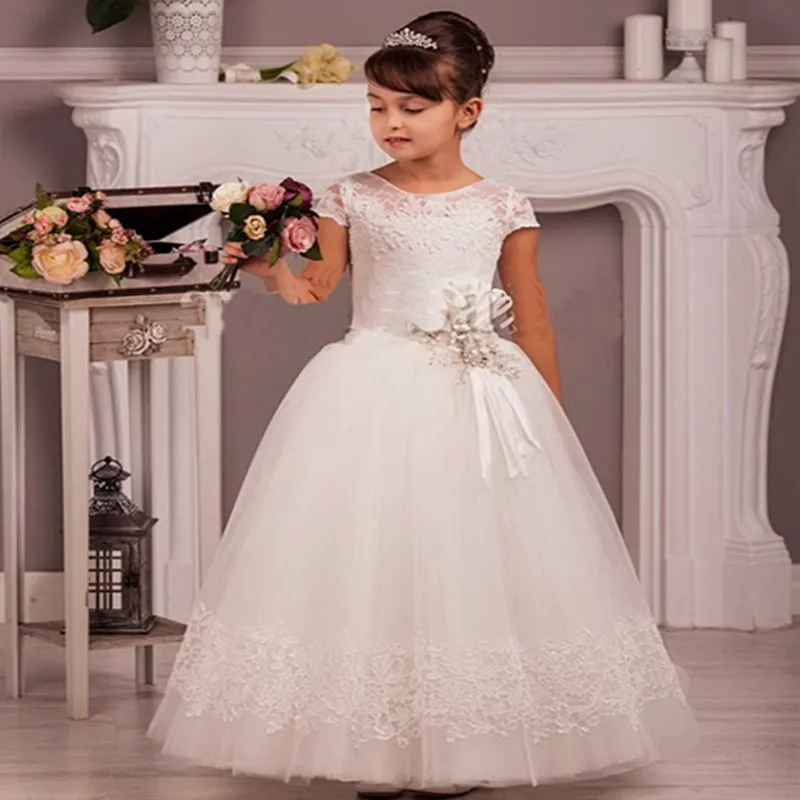 Flower Girls Dress Beading Waistband Bow Applique Tulle Princess Prom Party Formal Birthday First Communion Gowns