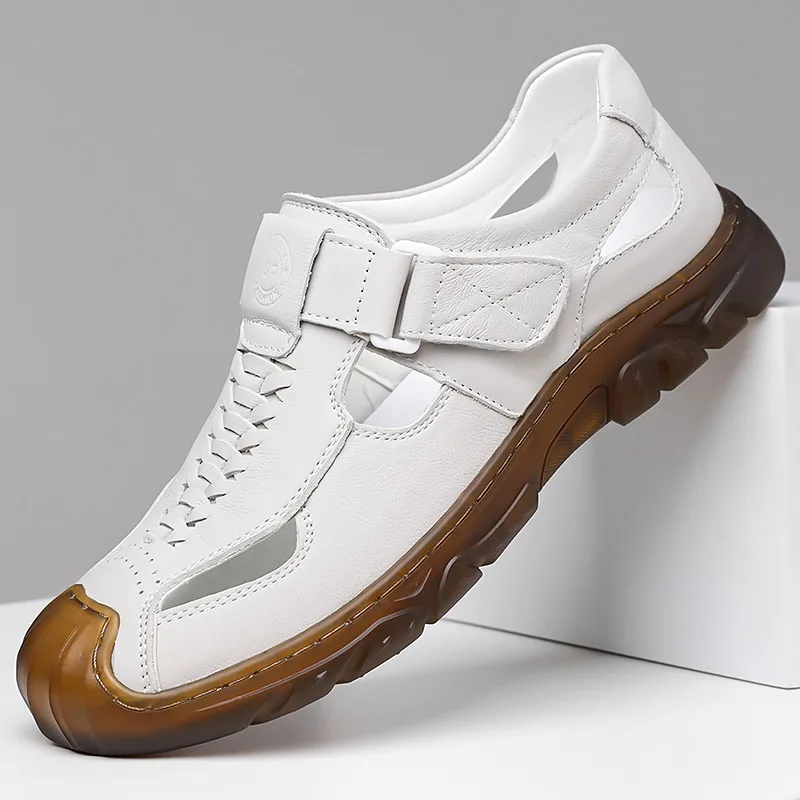 Hollow Out Leather Closed Toe Casual Sandals, Anti Slip Wear Resistant Thick Sole Light Breathable Daily All Match Outdoor Shoes