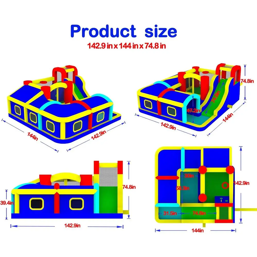 WELLUNTIME Iatable House with Slide, Jumping Castle with Blower and Wave Pool, Basketball Rim, Long Tunnel