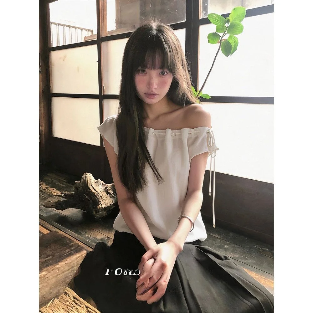 Short Sleeve T-Shirt Women's New Korean Style Spicy Girl Diagonal Shoulder Drawstring Unique Design Pure Color Top