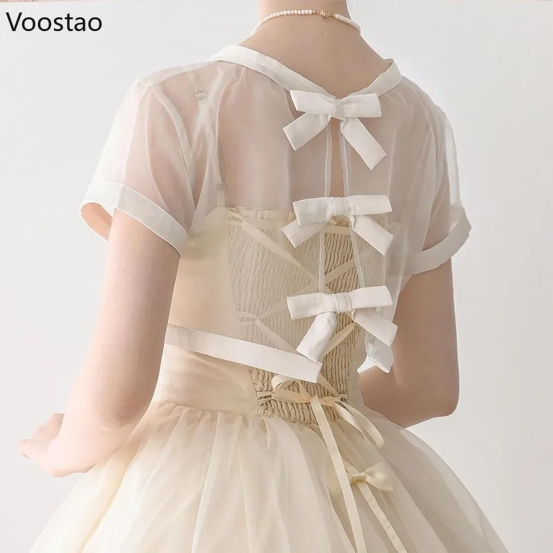 

Japanese Kawaii Lolita Blouses Women Vintage Sweet Bow O Neck Short Sleeve Mesh Crop Tops Summer Girls Cute See Through Shirts