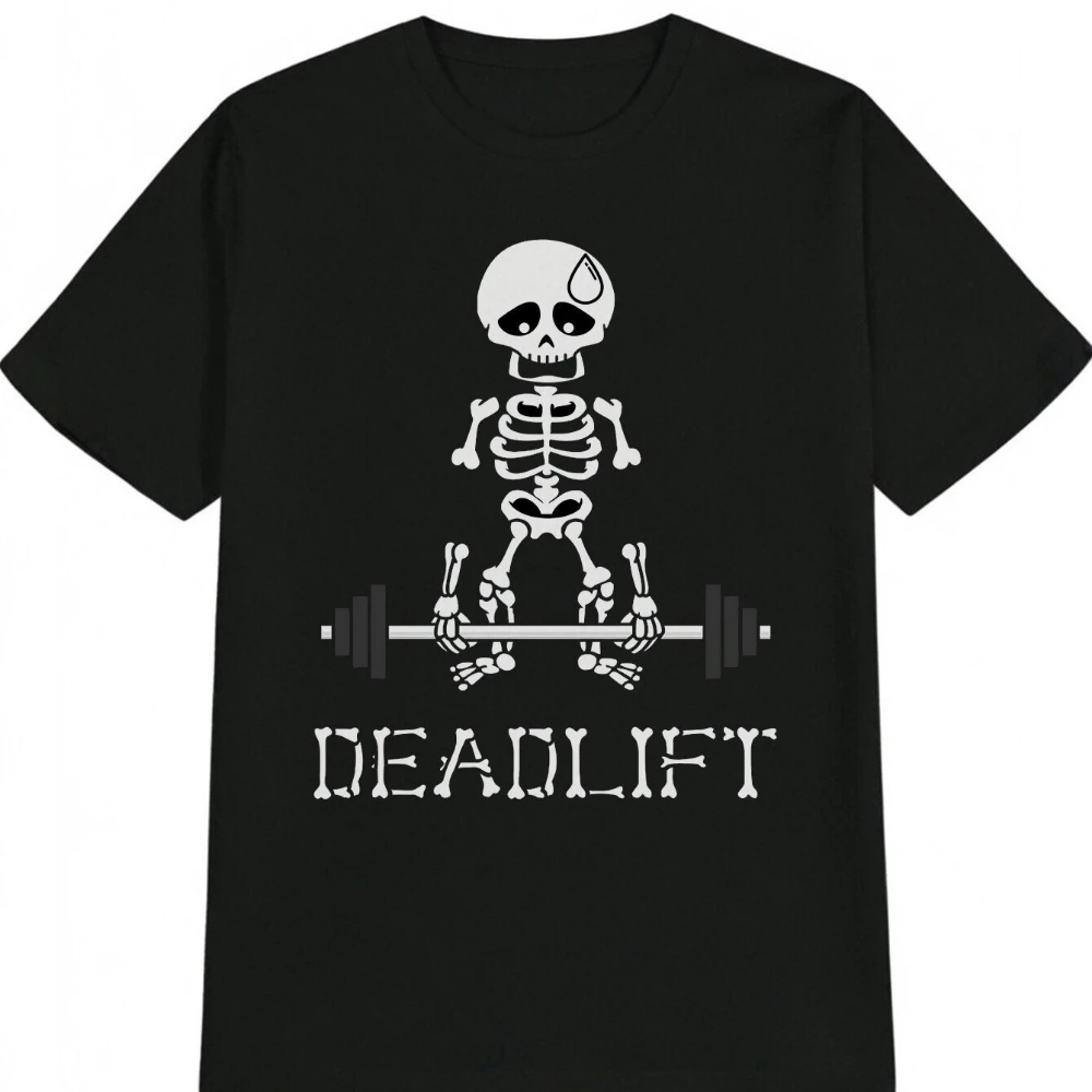 

with Skeleton Weightlifting Graphic design -100% cotton summer O-neck short sleeve casual printed T-shirt.