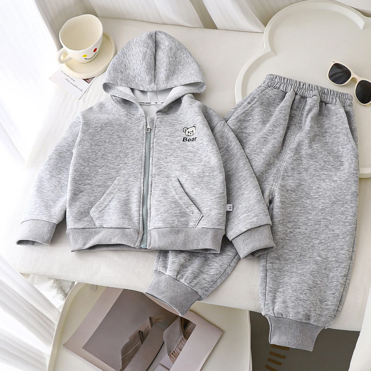

1-9Y Kids Bear Print 2-Piece Set Tracksuit Hooded Zip-Up Jacket Jogger Pants Autumn New Soft Casual Clothing