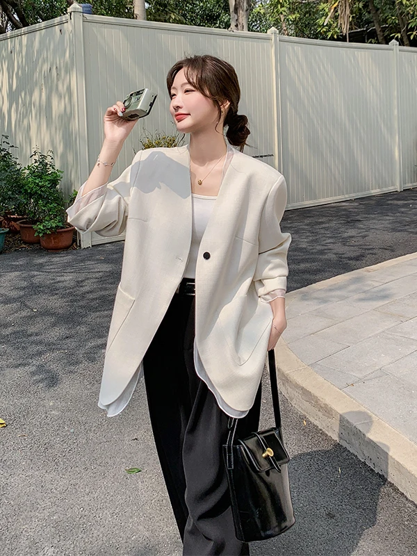 

Женский костюмный жакет с кружевными вставками, белый, с V-образным вырезом, весна-осень 2025, новинка, элегантный, премиум-класса, в западном стиле