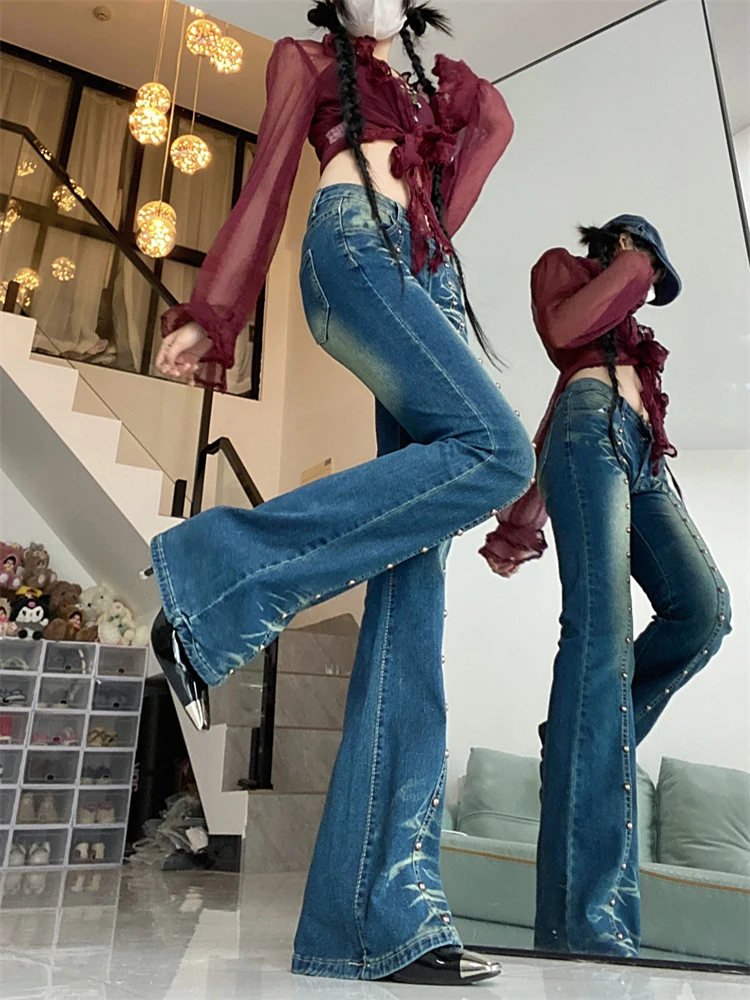 Vintage Wash Rivet Patchwork Jeans High Street Slim-Fit Flare Jeans Casual Denim Pants Streetwear Harajuku Full Length Trousers