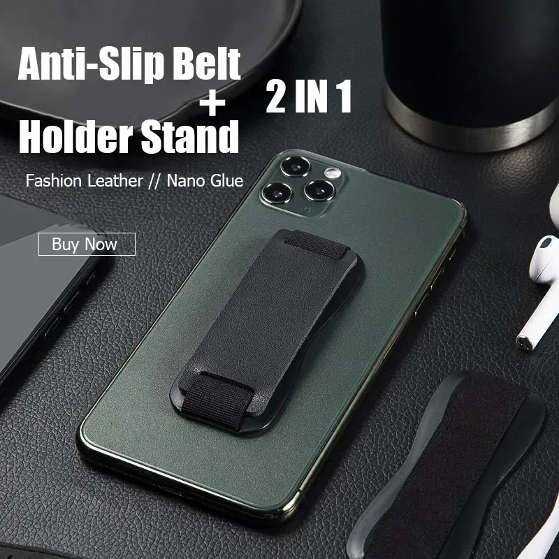 Universal Anti-Slip Belt PU Leather Mobile Phone Finger Holder Back Cover Belt Phone Holder Sling Stand For Iphone iPad Samsung