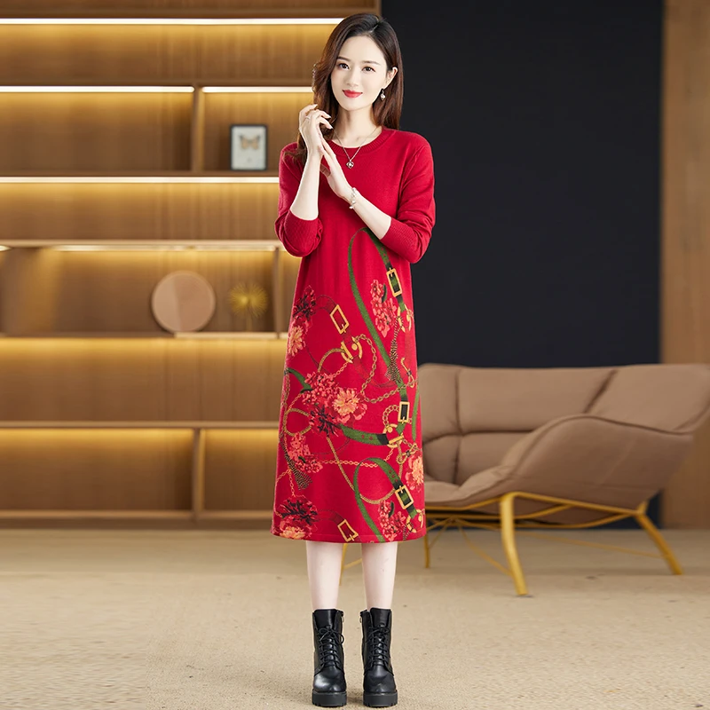 2023 Autumn/Winter New Flower Print Knitted Long Sleeve O-Neck Dress Elastic Loose Large Medium Length Sweater Long Dress