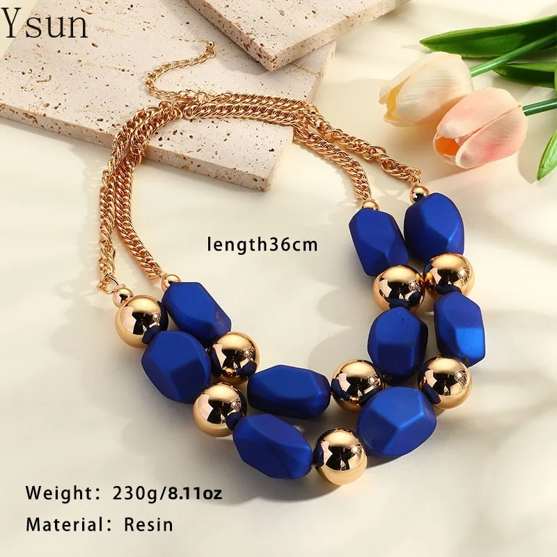 Luxury Design Blue Beaded Necklace for Women Fashion Metal Chain Geometric Pendant Choker Ladies Banquet Party Jewelry Gifts