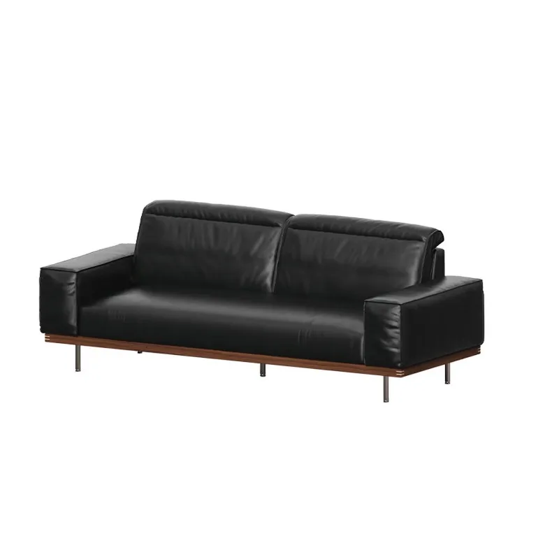 leather sofa, small apartment living room straight row solid wood top layer cowhide sofa, black light luxury simple leather sofa