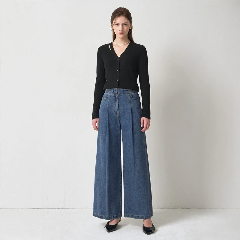 

Spring Summer High Waist Pleated Commuter Slimming Ultra Soft Pure Cotton Denim Wide Leg Pants Women's Straight Cut Jeans