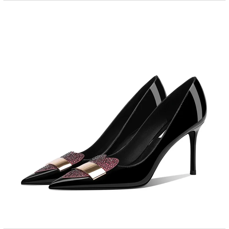 

2025 New Black Leather High Heels Pointed Toe Stiletto Pumps with Heart Rhinestones for Women