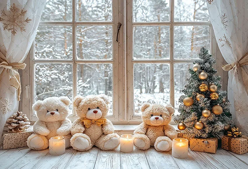 Mehofond Photography Background Winter Christmas Window Bear Xmas Tree Kids Holiday Family Portrait Decor Backdrop Photo Studio