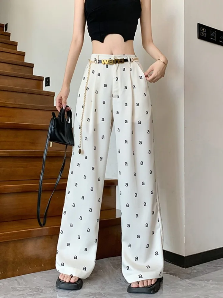 2024Spring High waisted casual pants for women Spring summer loose draped satin printed wide leg pants slim floor dragging pants