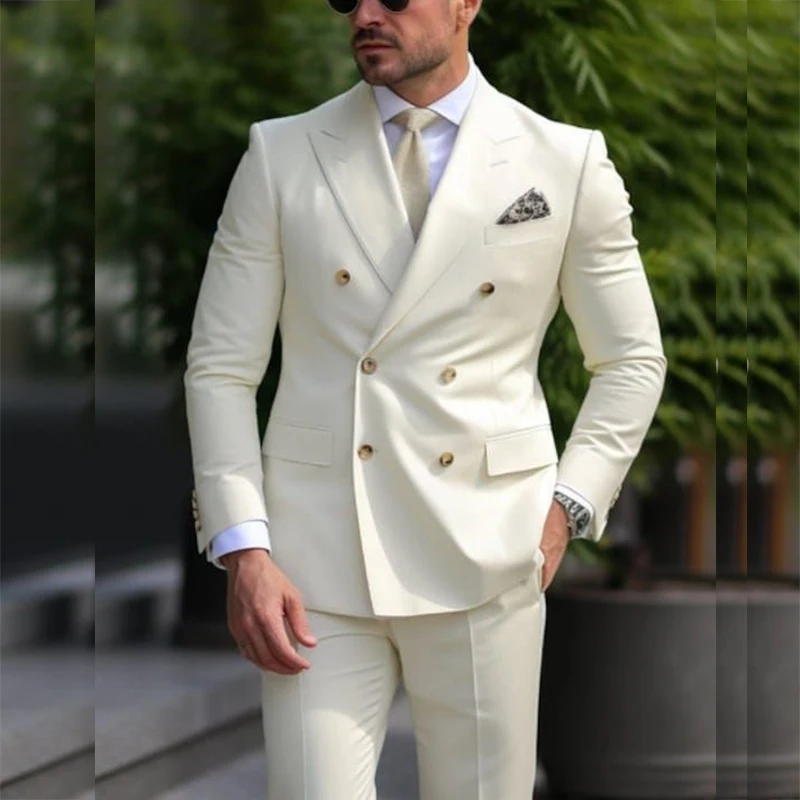 

Chic Solid Color Double Breasted Classic Men Suits Formal Wedding Groomsmen Tuxedos Slim Fit Luxury 2 Piece Jacket Pants Blazer