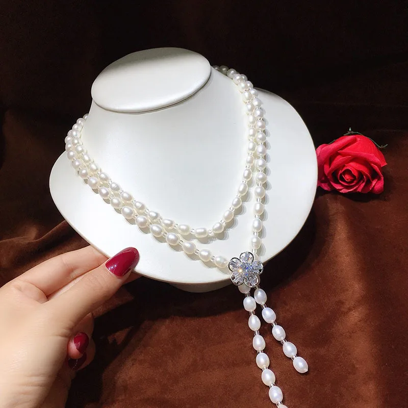 

Freshwater Pearl Necklace Sweater Chain for Women, Multi-use 7-8mm Strong Luster with Minor Flaws, Gold-plated Craft Accessories