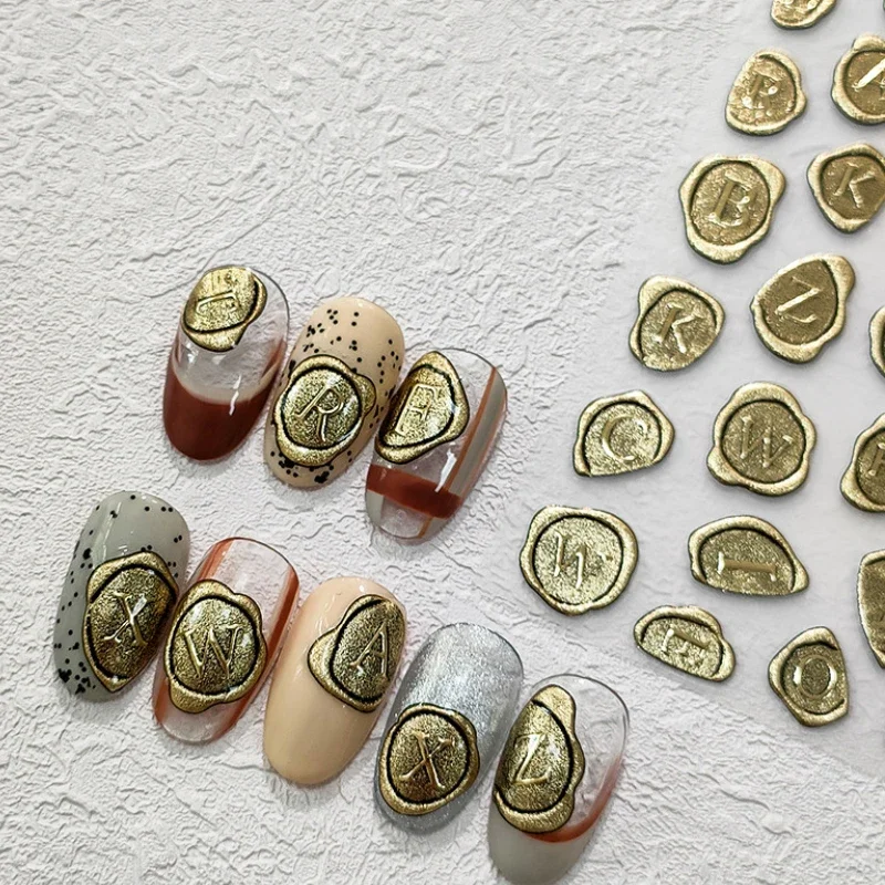 Retro Stamp Bronze-gold Letter Wax Seal 5D Embossed Reliefs Self Adhesive Nail Art Sticker Colorful Laser Silver Manicure Decals