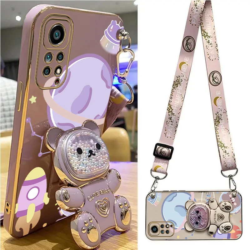 Space Bear Lanyard Holder Case For Xiaomi Redmi Note 11 8 10 9 Pro Max 10 11s redmi 9A 9T 9C 10 Nfc Crossbody Strap Stand Cover