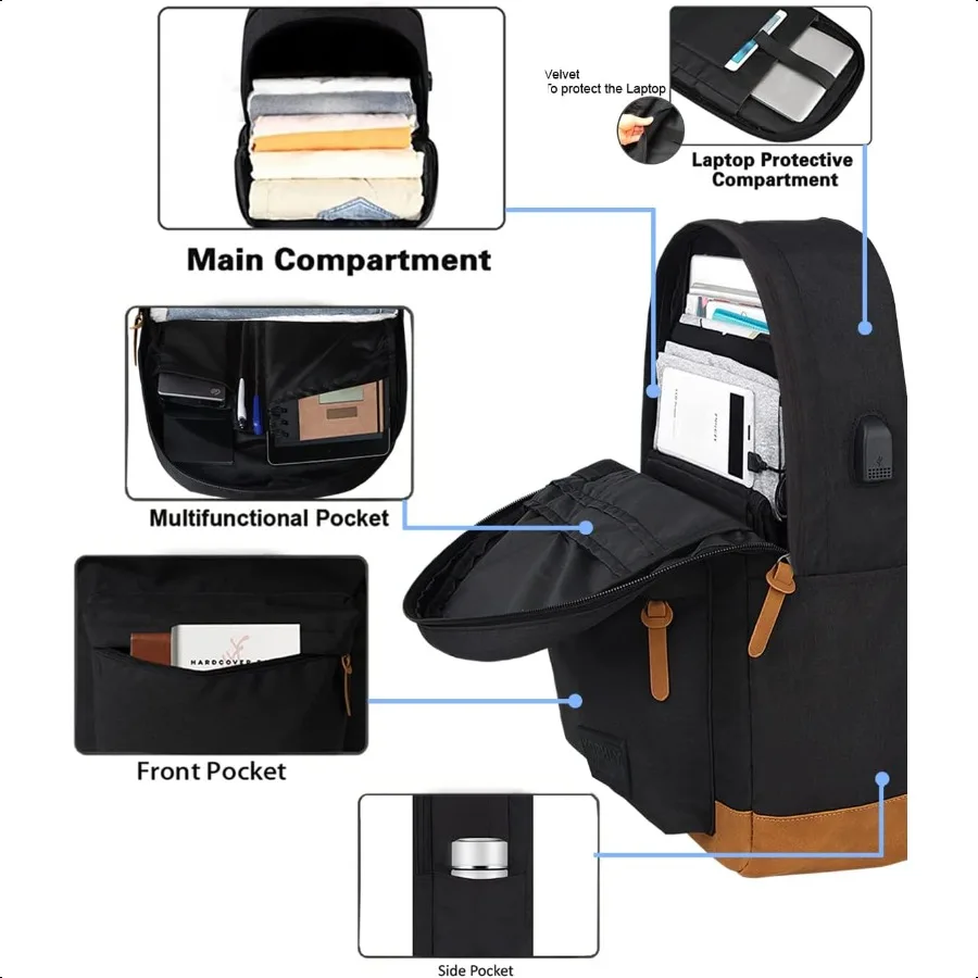 Mochila grande para laptop de viagem com porta de carregamento USB para homens e mulheres Mochila escolar clássica para meninos e meninas Bolsa de trabalho 18 polegadas