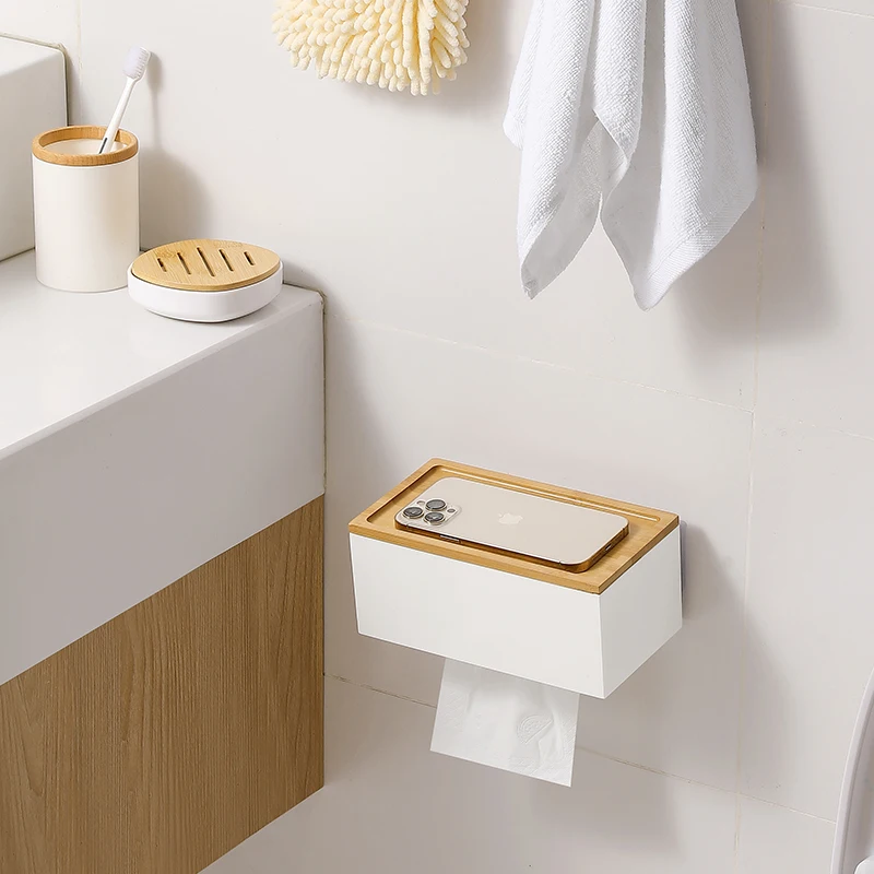 【Zhubai Home】Japanese Style Simple Punch-free Wall Hanging Tissue Box Bathroom Household Paper Box Bamboo and Wood Roll