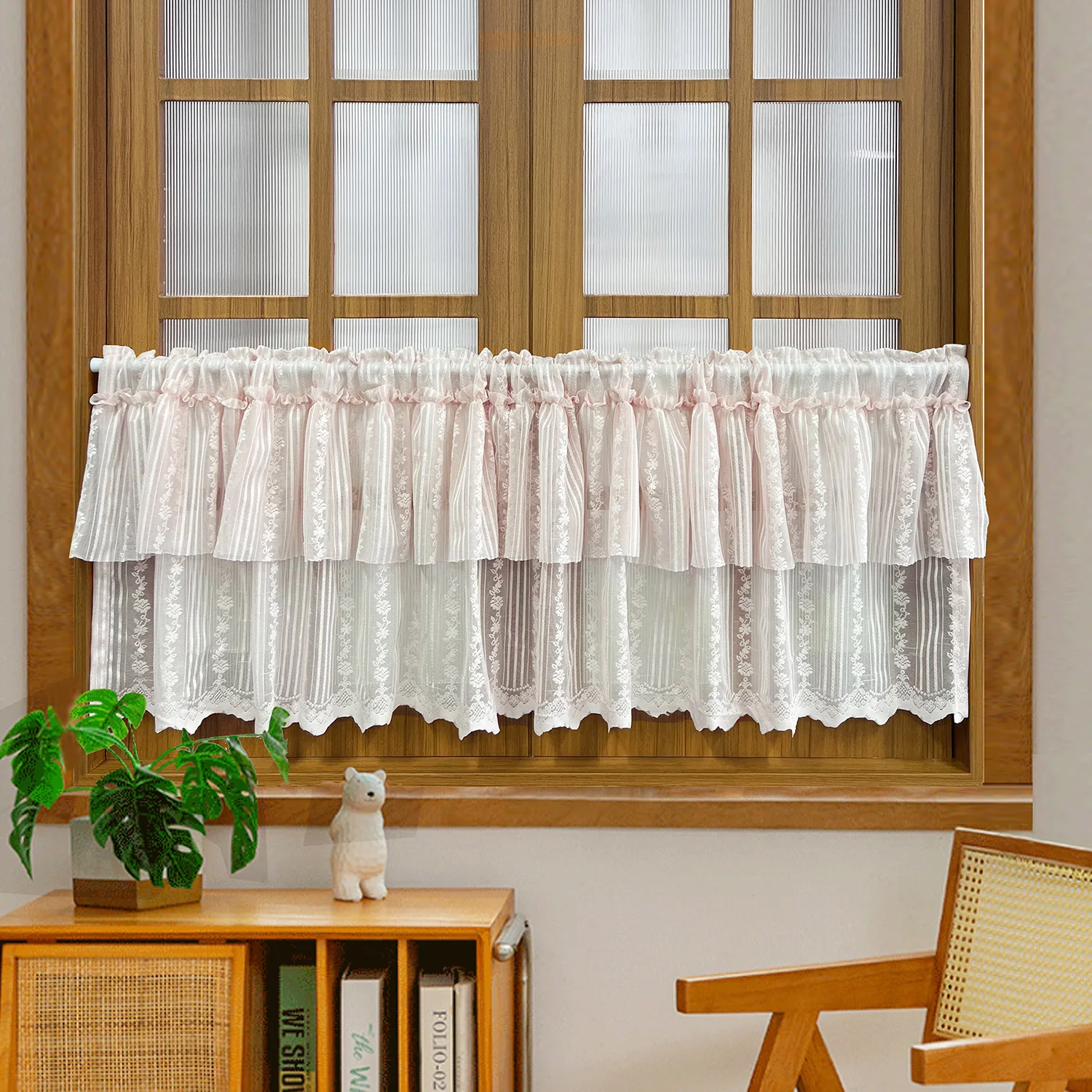 Pink Double Ruffle Lace Short Curtain Romantic Flower Rattan Stripe with Scalloped Bottom Half Curtain for Kitchen Small Window