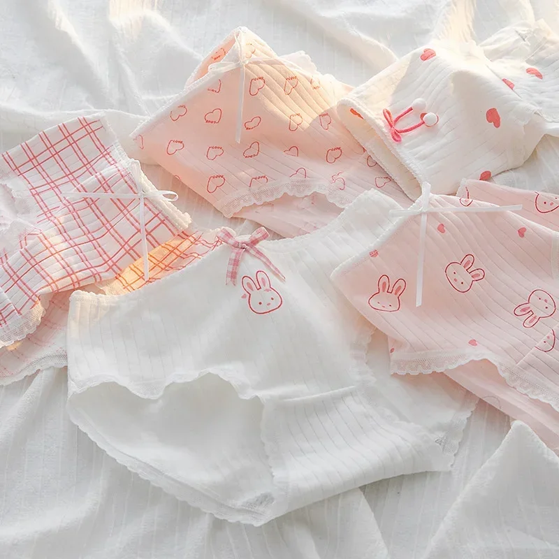 Roupa interior bonito do algodão da fruta dos desenhos animados para meninas, calcinha respirável macia, animal print, sem emenda, mulheres, cuecas morango, lingerie