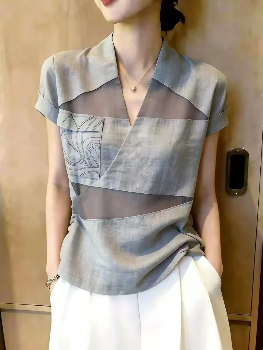 Light Grey Women's Top Minimalist Versatile Personality Daily Turn-down Collar High-end Short Sleeve Summer New Arrival