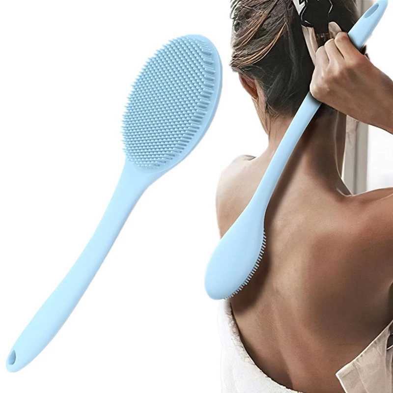 Purificador traseiro de silicone com cabo longo, escova de chuveiro leve e fácil de segurar para limpeza da pele, esfoliante