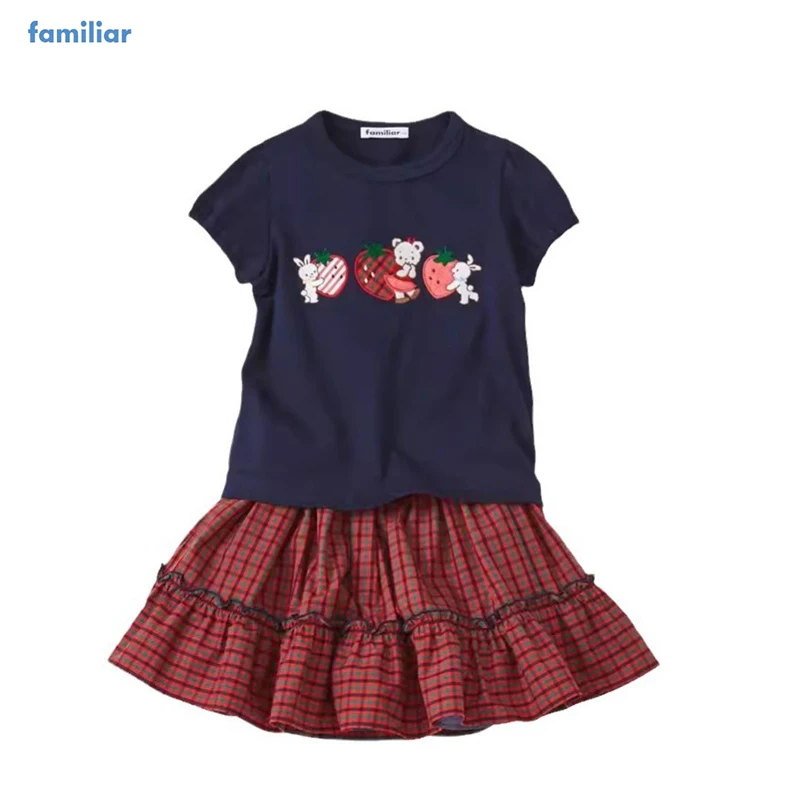 

Familiar Girl's Short Sleeved Knitted Embroidered T-shirt Versatile Plaid Skirt Height（90-130）cm Cartoon Bear Rabbit