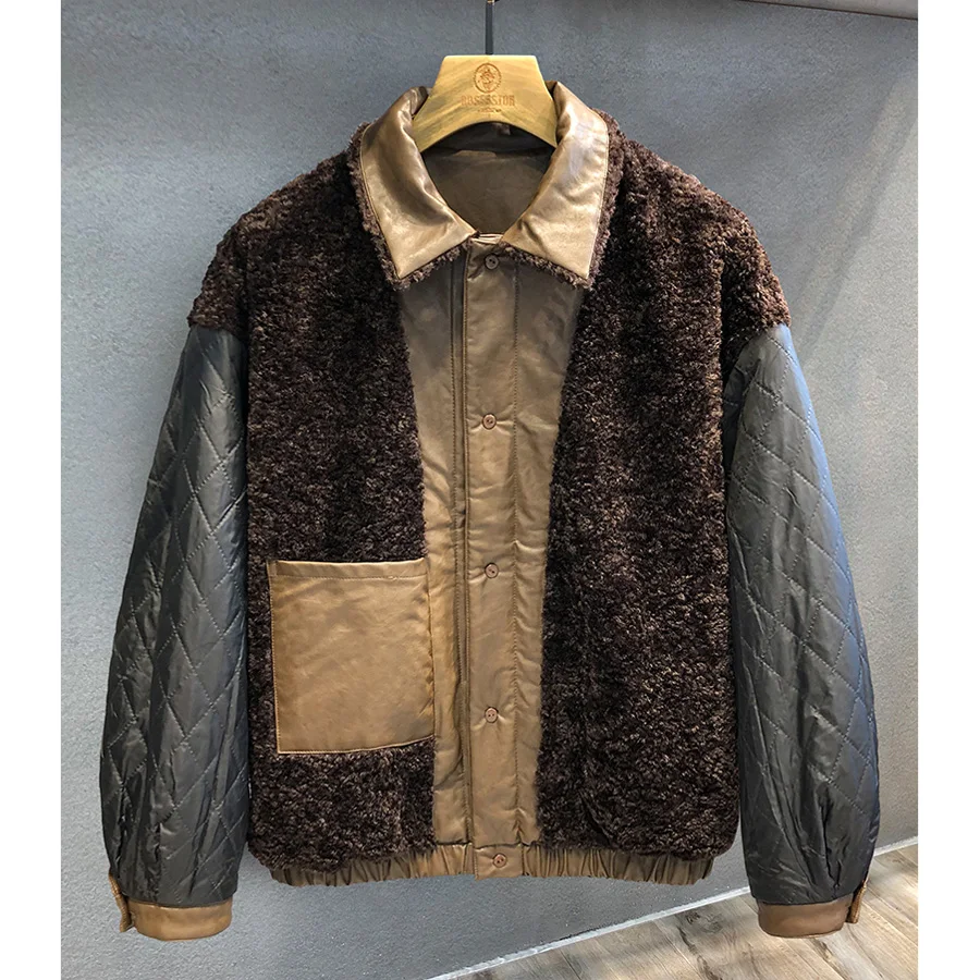 الرجال الشتاء الصوف بطانة فضفاضة عادية سميكة الدافئة سترة جلدية البضائع رجل الشارع الشهير موضة دراجة نارية سترة معطف ملابس خارجية #5