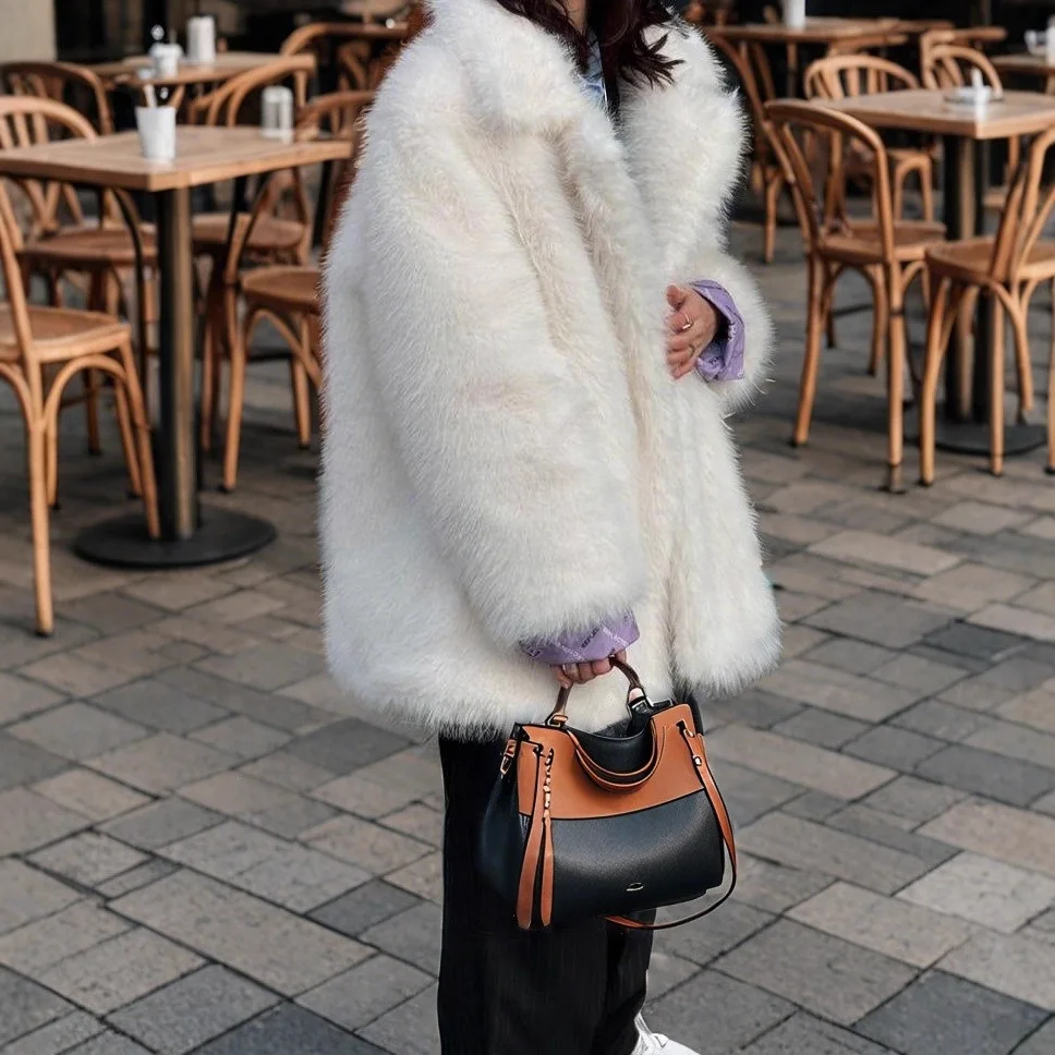 KIDCRKJ Zimowy Damski Płaszcz z Eko-Skóry, Kolorowy, Gruby, Sztuczny Futro, Luźna, Puszysta Kurtka ze Sztucznego Futra dla Kobiet