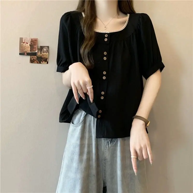 Kemeja lengan pendek wanita ukuran besar, warna polos, longgar, menutupi perut, menutupi lemak, menurunkan usia, kerah bulat, model baru musim panas