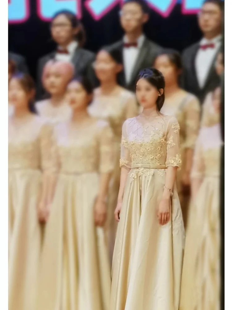 

Вечернее платье цвета шампань, длинное, для выступлений на сцене, наряд дирижера хора, с U-образным вырезом, облегающее, в корейском стиле