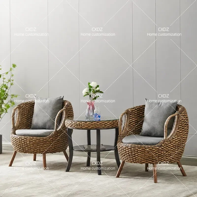 3 Piece Rattan Chair Set with Small Round Coffee Table Real Woven Balcony Leisure Furniture for Living Room Study Patio