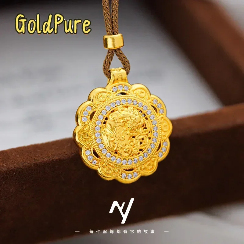 Goldpure New Chinese Style 9999 24K Real Gold Hollow Silk to Attract Wealth and Treasure Money Pixiu Compass Pendant Women's Nec