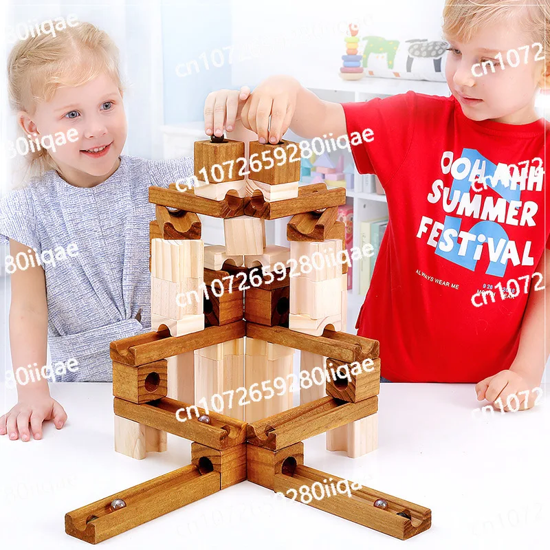 Wooden marble track building block Children's puzzle assembled ball building block Log assembled building block