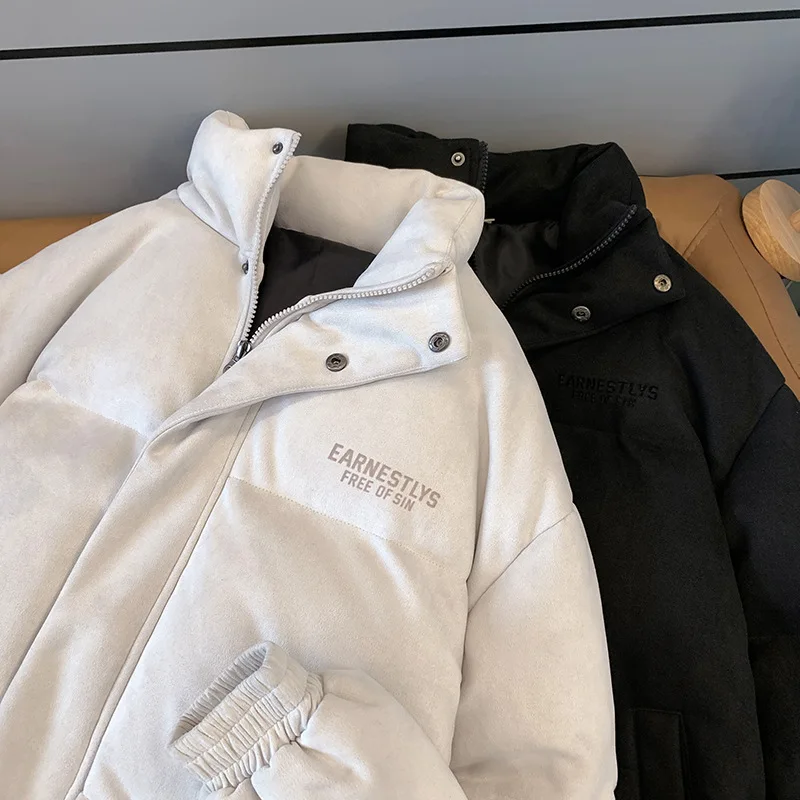 Men's Suede Faux Vintage Thickened Cotton Padded Jacket Winter Letter Print Warm Puffer Coat Men American Street Wear AU-247