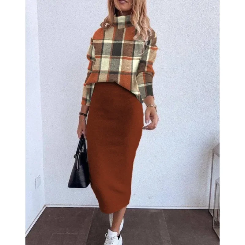 Skinny Skirts Clothing Turtleneck Fashion Trend Long Sleeve Tshirt Tops Women Two Piece Sets Outfits Casual Tops Pencil Skirts