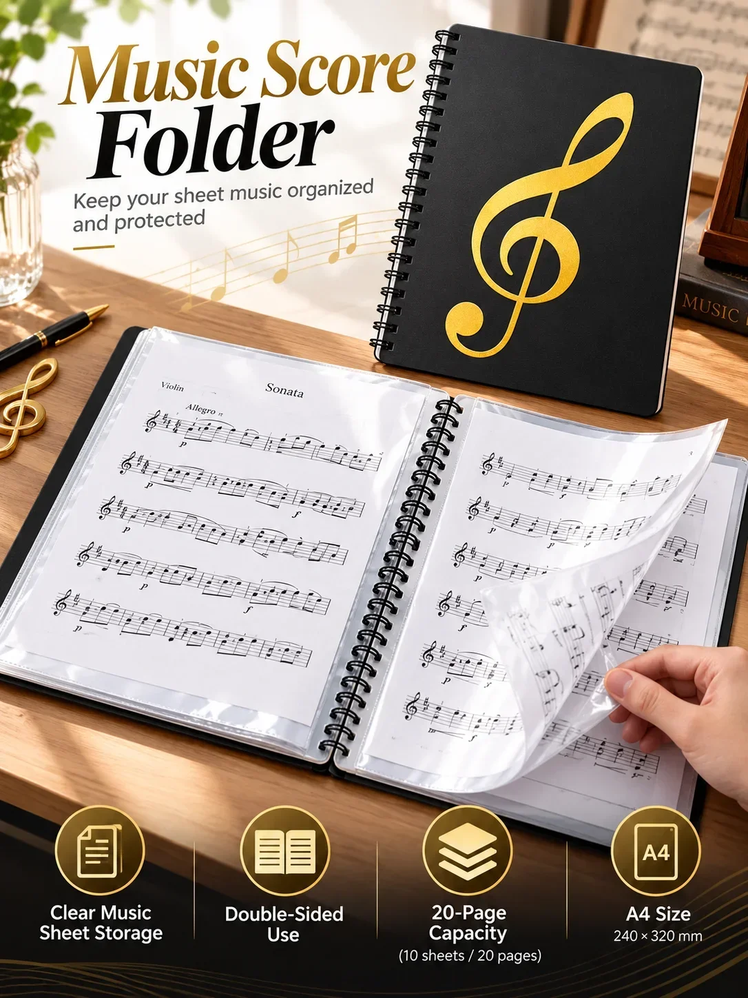 A4 Piano Score Binder, Non-Glare Sheet Music Folder, 20-Page Multi-Function Music Clip