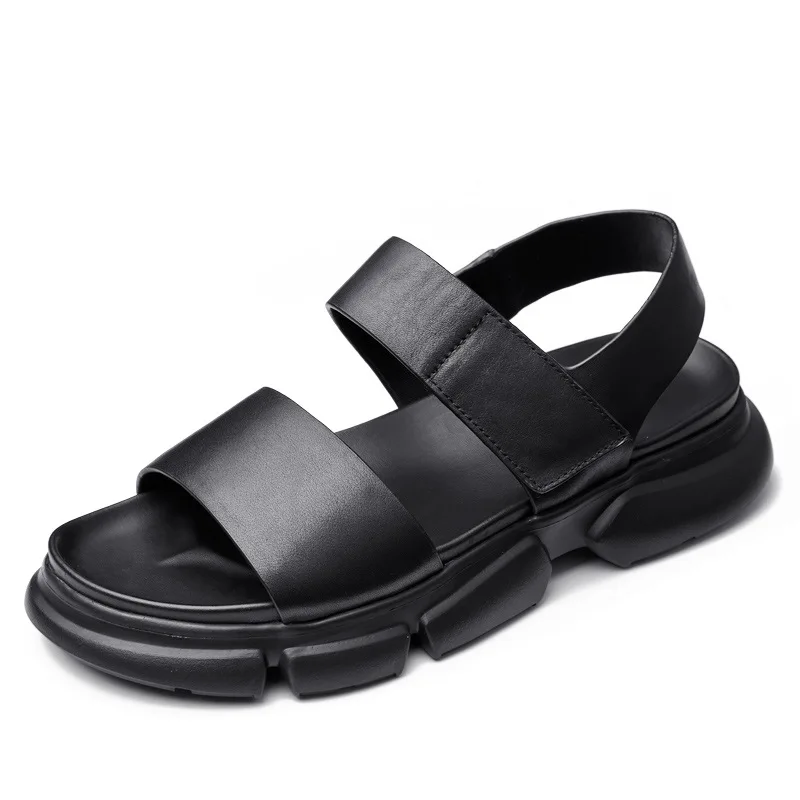 Genuine Leather Sandals Men's Trendy First Layer Leather Summer Platform Beach Shoes New Velcro Cool Slippers