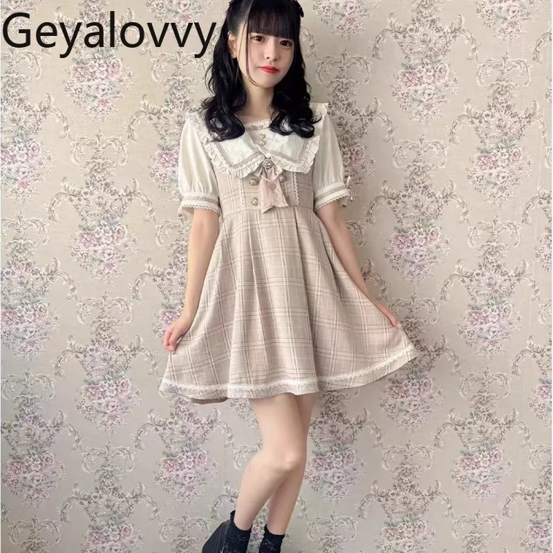 

Japanese Sweet Cute Girl High Waist Short Sleeve Versatile Dress Rojita Spring and Summer New Lace Plaid Navy Collar Dresses