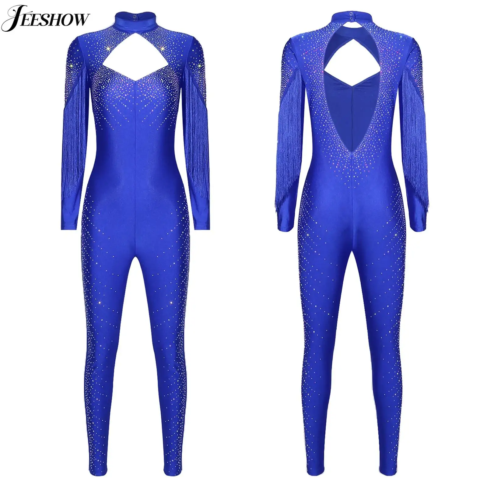 

Женский гимнастический купальник для фигурного катания и танцев, блестящий, со стразами, с вырезами, с открытой спиной, полноразмерный, для гимнастики, балета и танцев