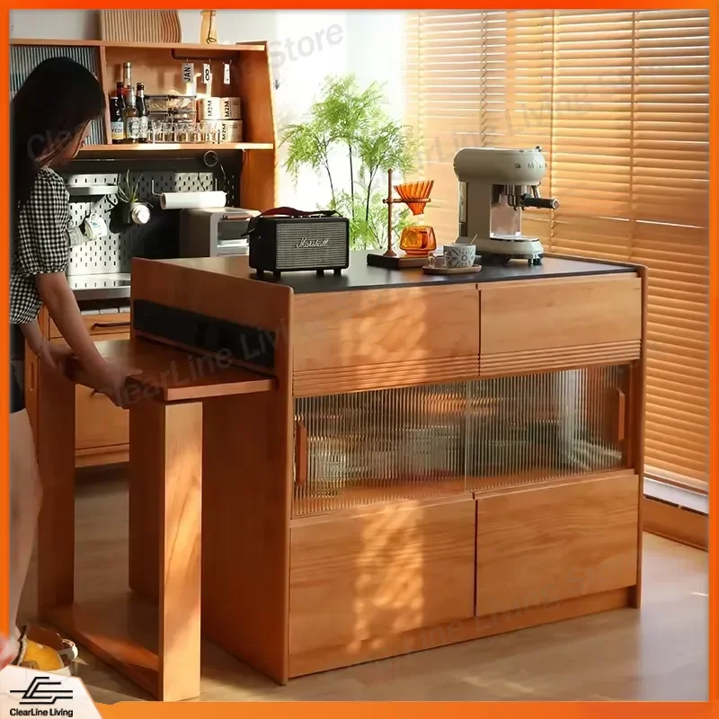 Nordic Solid Wood Dining Table Extendable Kitchen Island with Storage Small Apartment Multifunctional Retractable Desk