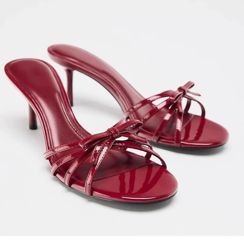 2025Wine Red High Heels Sandals for Women Square Toe Bowtie Decor Summer Outdoor Slippers Thin Heeled Party Wedding Shoes