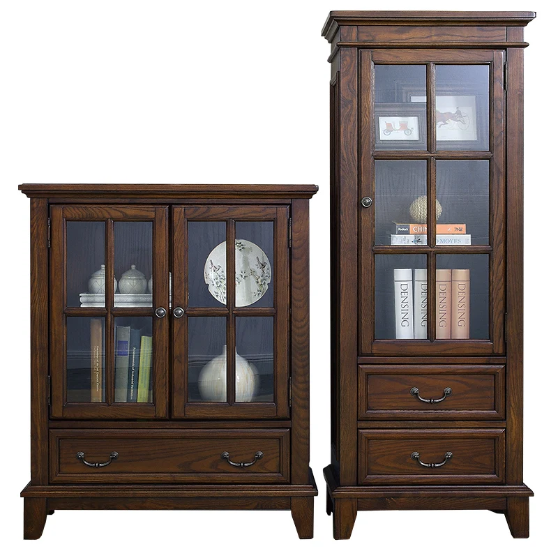 

American solid wood wine cabinet single and double door glass display cabinet, European living room decorative cabinet