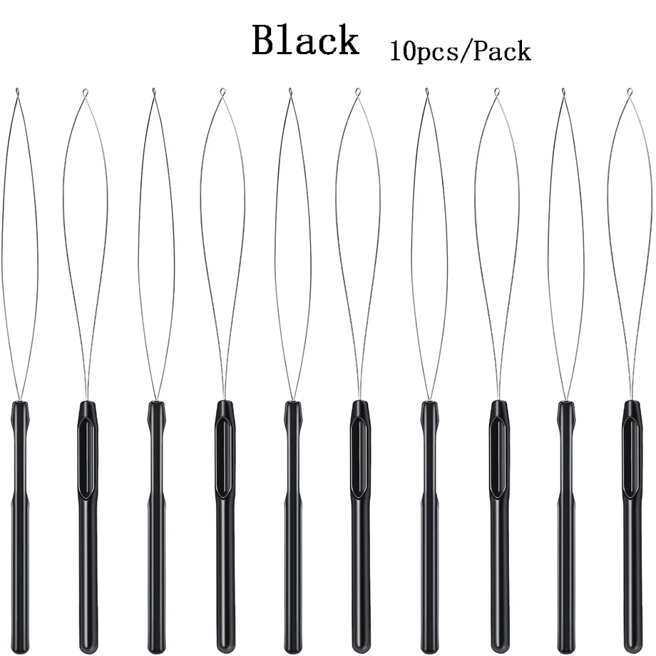 Red 10Pcs Hair Extension Loop Needle Threader Pulling Hook Tool and Bead Device Tool Loop Threader For Hair Feather Extensions